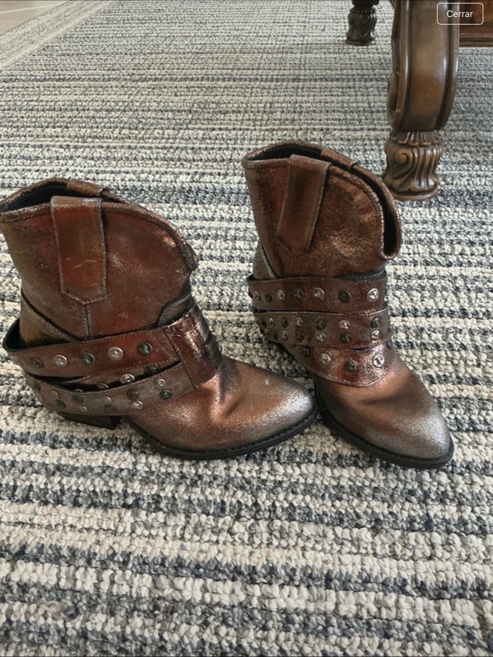 Studded Metallic Brown Western Ankle Boots - Women
